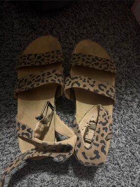 Leopard Print Tan Suede Double-Strap Women's Sandals
